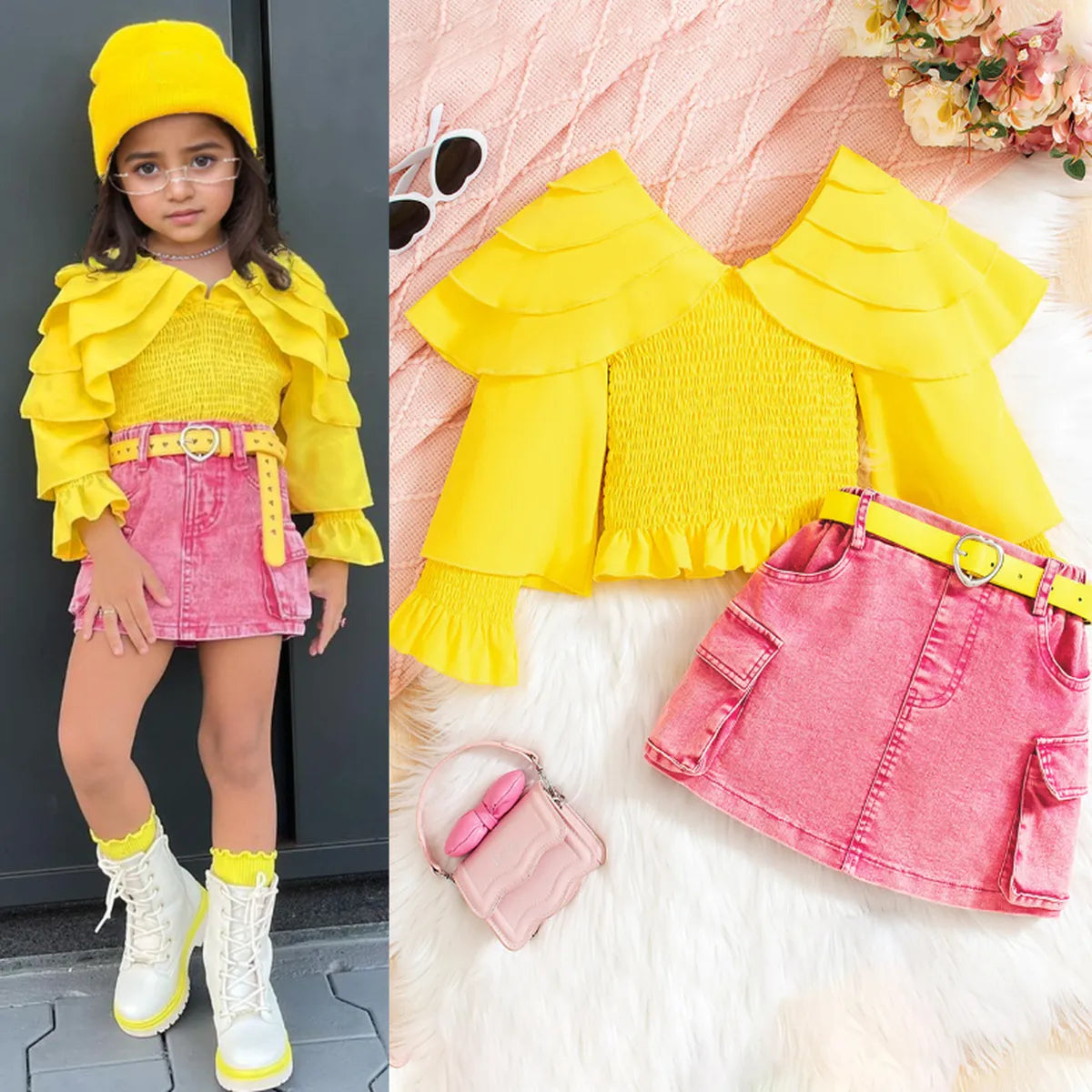 Bold Ruffle Sleeve Top & Hot Pink Denim Skirt Set (4-7 Years)
